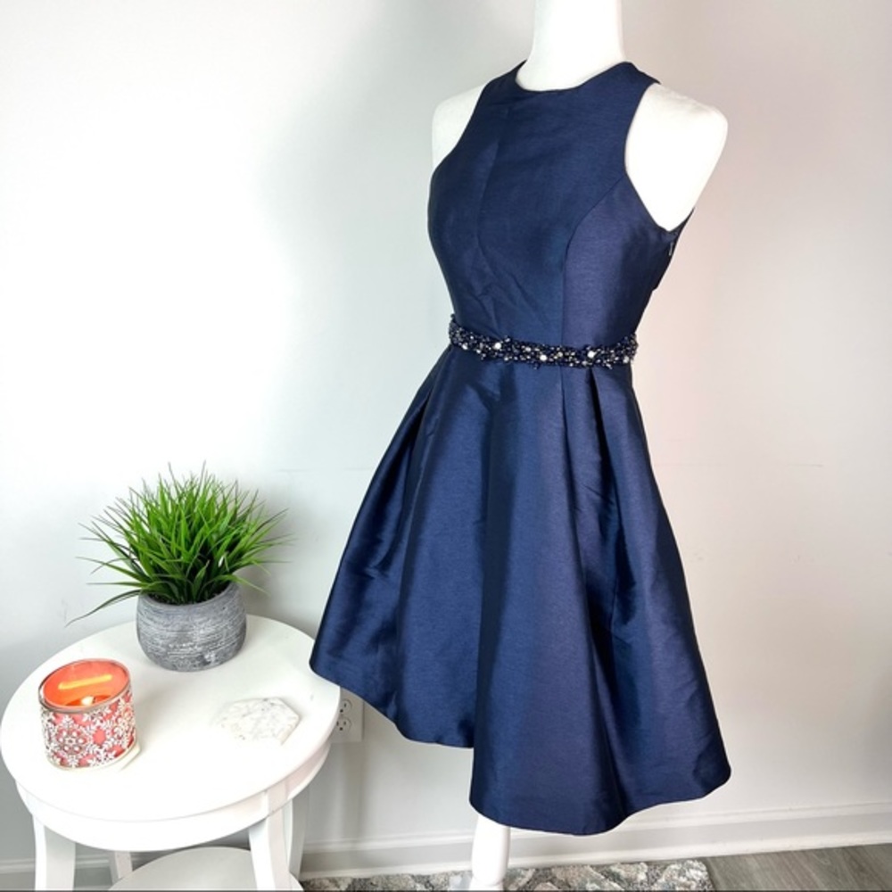 Monique Lhuillier Navy Beaded Waist Fit-and-Flare Dress